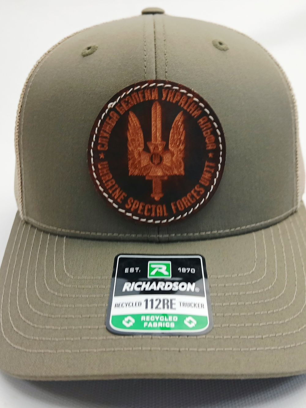 Richardson Olive Green Trucker Hat with Leather Patch